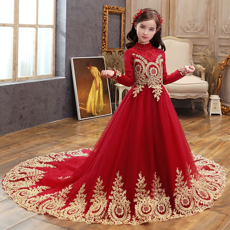 Elegant Long Sleeve Princess Dress for Girls Wedding Party - Image 3