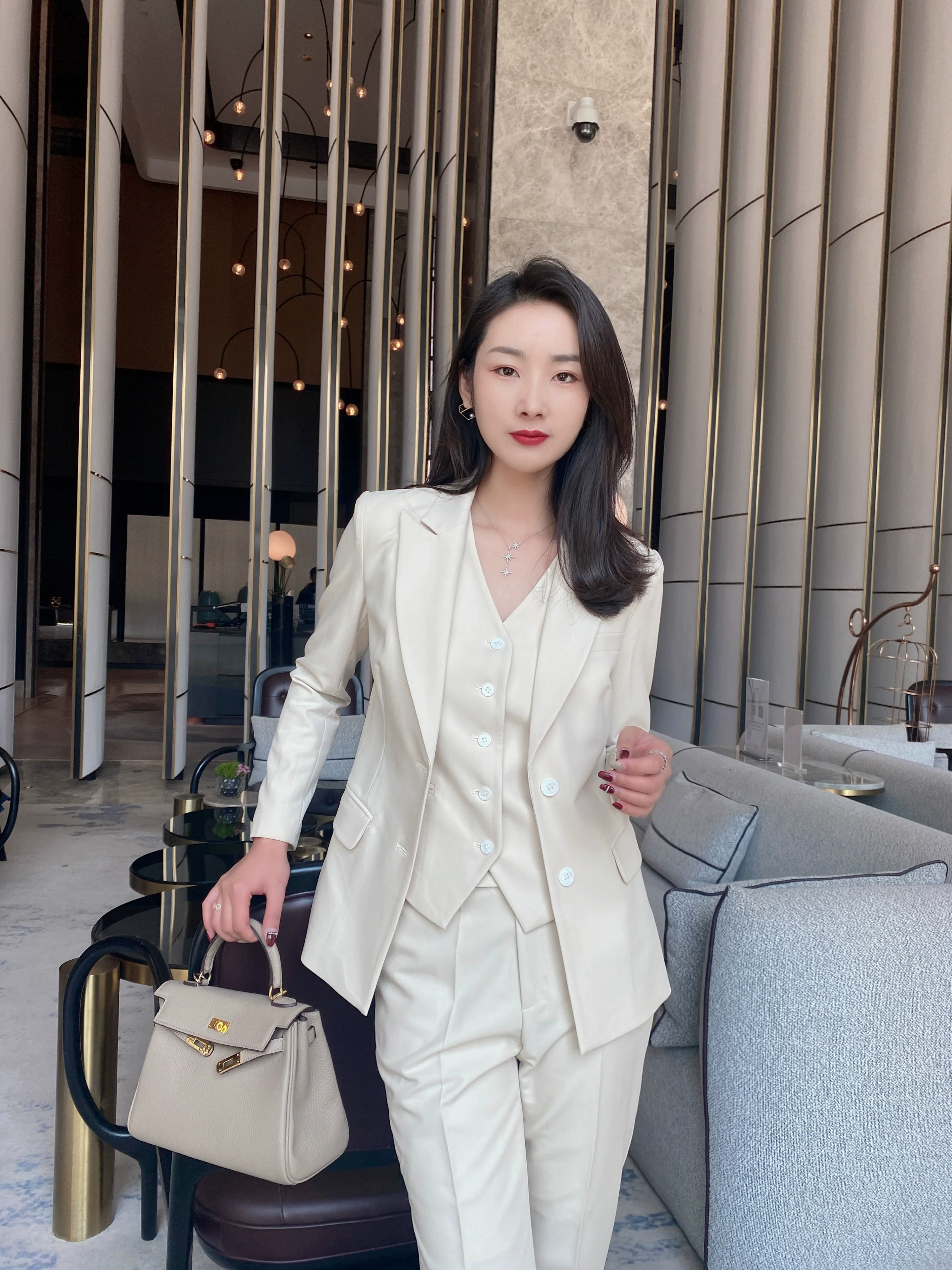 Elegant Oat Autumn Women’s 3‑Piece Suit Vest Trousers Set - Image 3