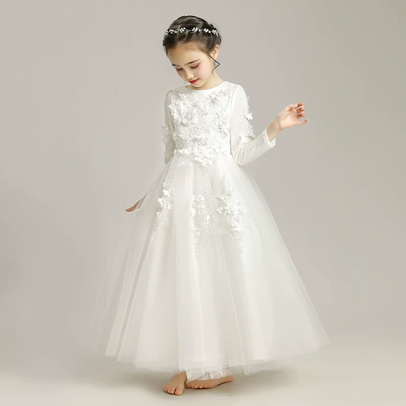 Elegant Princess Flower Girl Dress: Long-Sleeve Fleece Wedding Performance Gown - Image 6