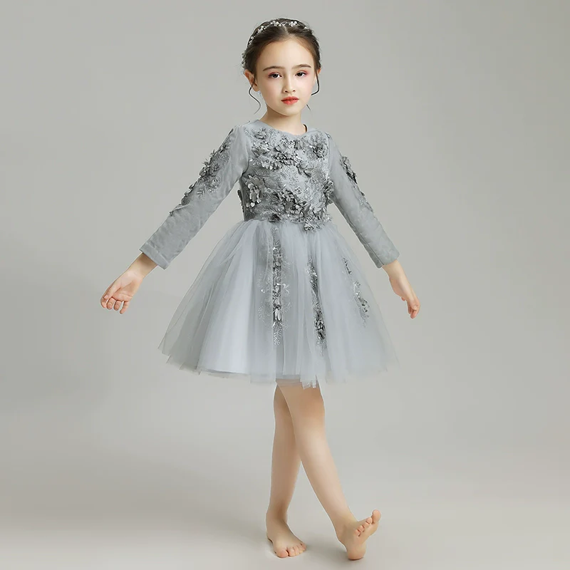 Elegant Princess Flower Girl Dress: Long-Sleeve Fleece Wedding Performance Gown - Image 7
