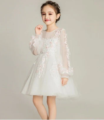 Elegant Princess Gown: Girls' Long-Sleeve Wedding Flower Girl Dress for Performances