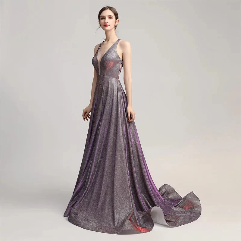 Elegant V-neck Sequin Long Prom Evening Dresses Lace Up Court Train Formal Party Gown Pageant Dress - Image 3