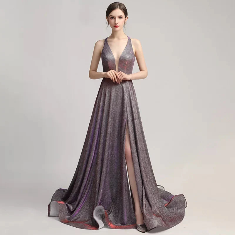 Elegant V-neck Sequin Long Prom Evening Dresses Lace Up Court Train Formal Party Gown Pageant Dress - Image 5