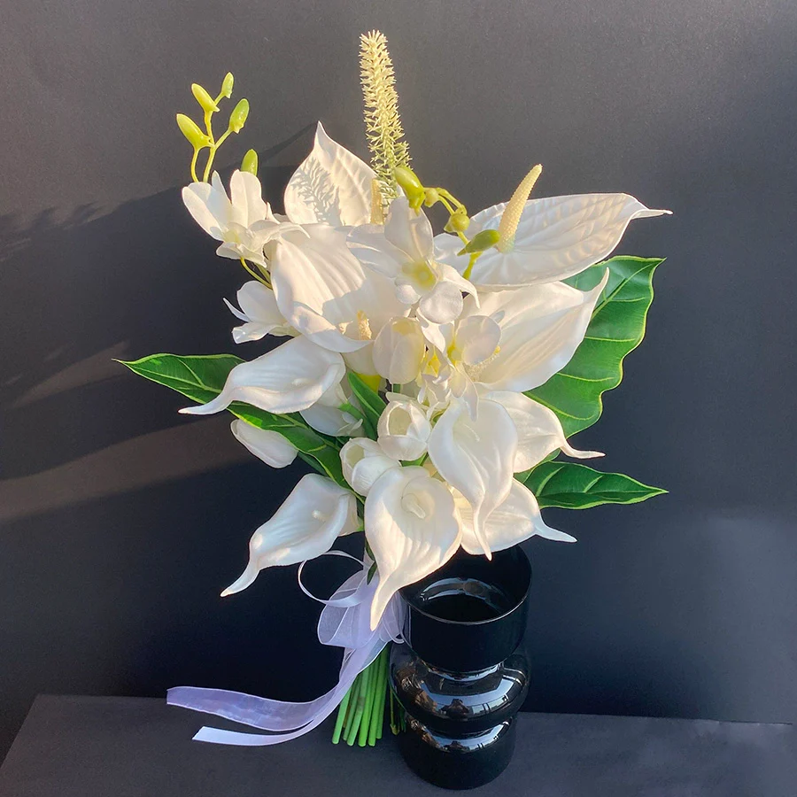 Elegant White & Green Phalaenopsis Bridal Bouquet Fresh Natural Silk Flowers - Image 3