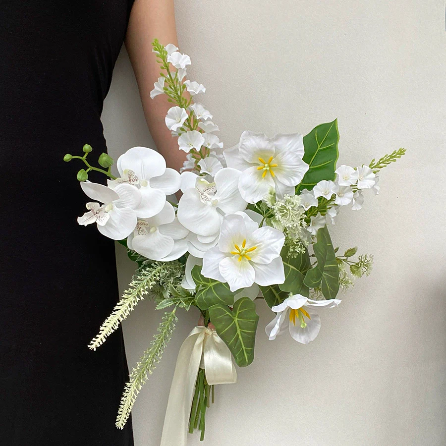 Elegant White & Green Phalaenopsis Bridal Bouquet Fresh Natural Silk Flowers - Image 4