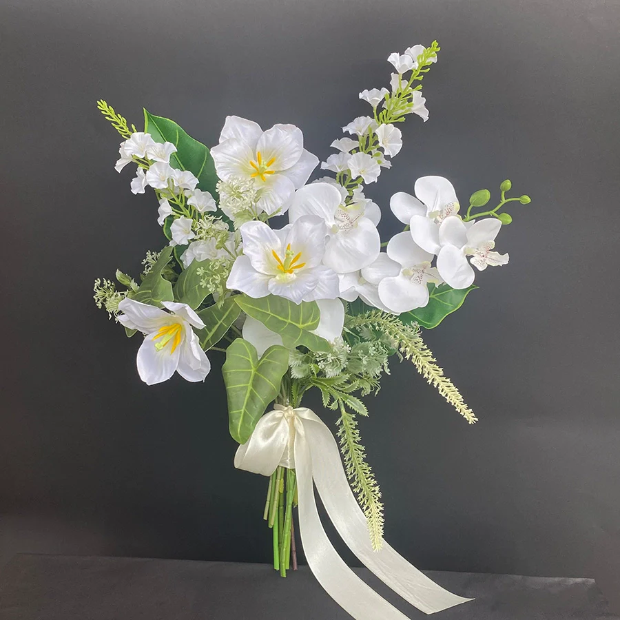 Elegant White & Green Phalaenopsis Bridal Bouquet Fresh Natural Silk Flowers - Image 5