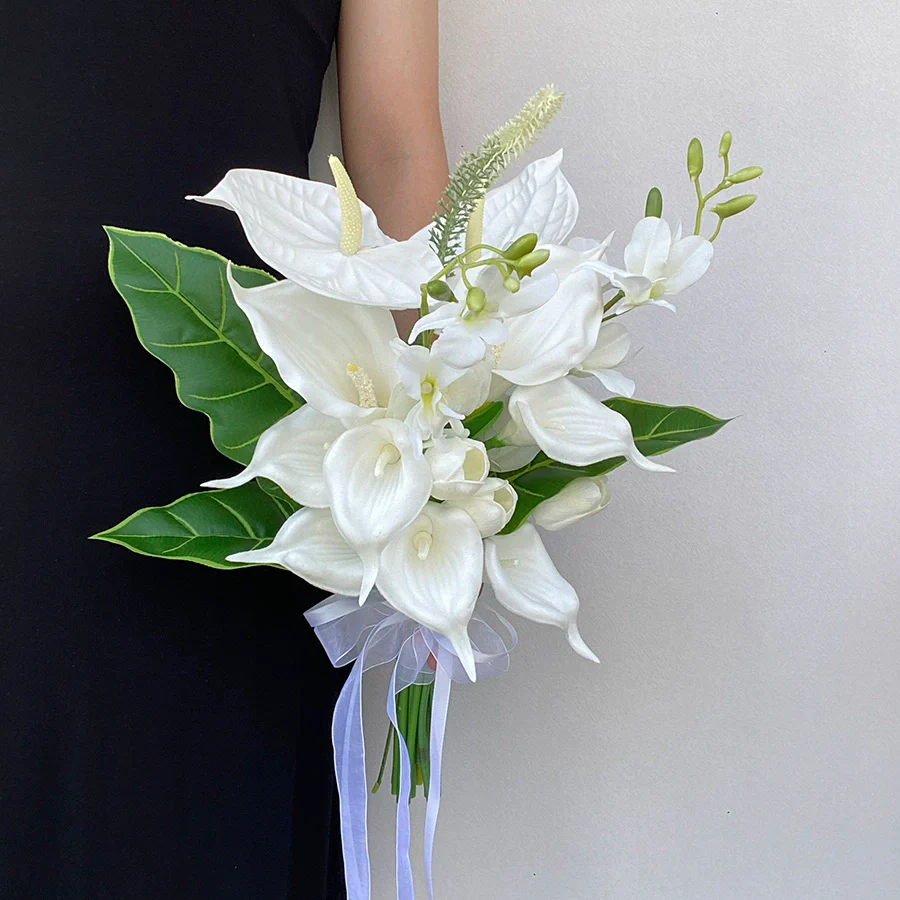 Elegant White & Green Phalaenopsis Bridal Bouquet Fresh Natural Silk Flowers - Image 7