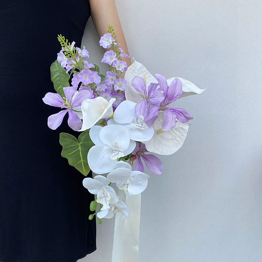Elegant White & Green Phalaenopsis Bridal Bouquet Fresh Natural Silk Flowers - Image 8