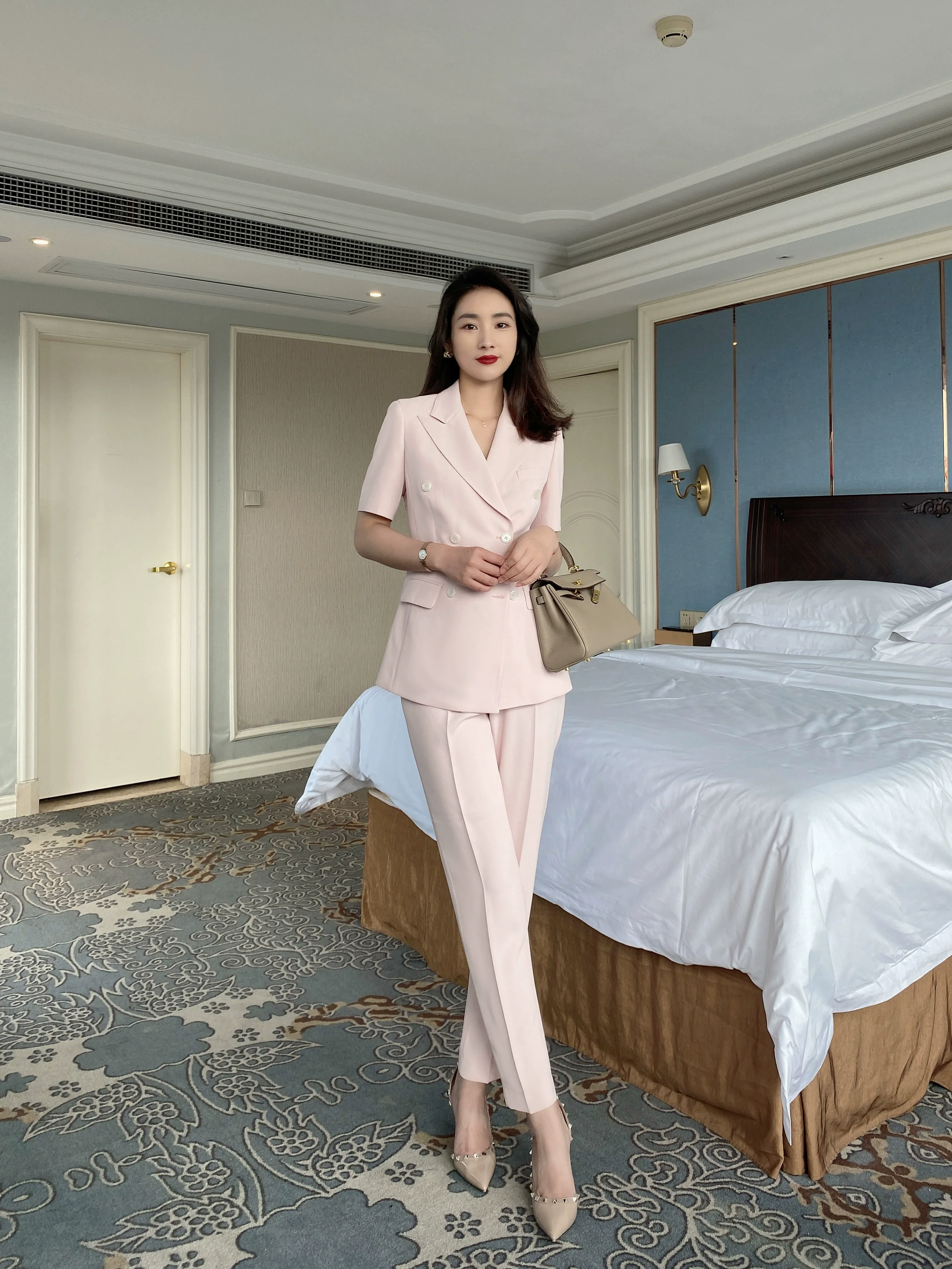 Elegant White Pearl Polyester Summer Suit Jacket with Short Sleeve - Image 7