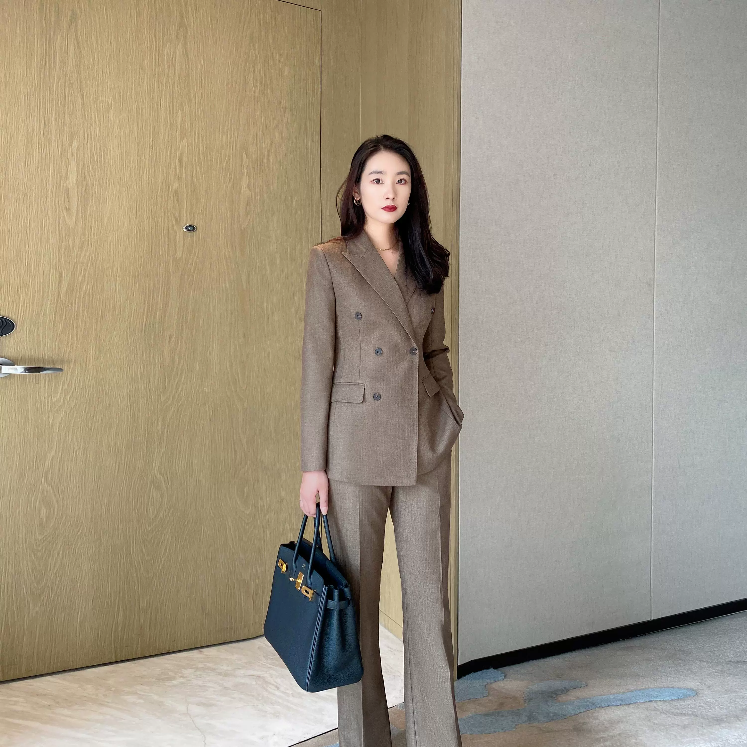 Elegant Winter Woolen Suit with Flared Trousers Classic Coffee Color - Image 2
