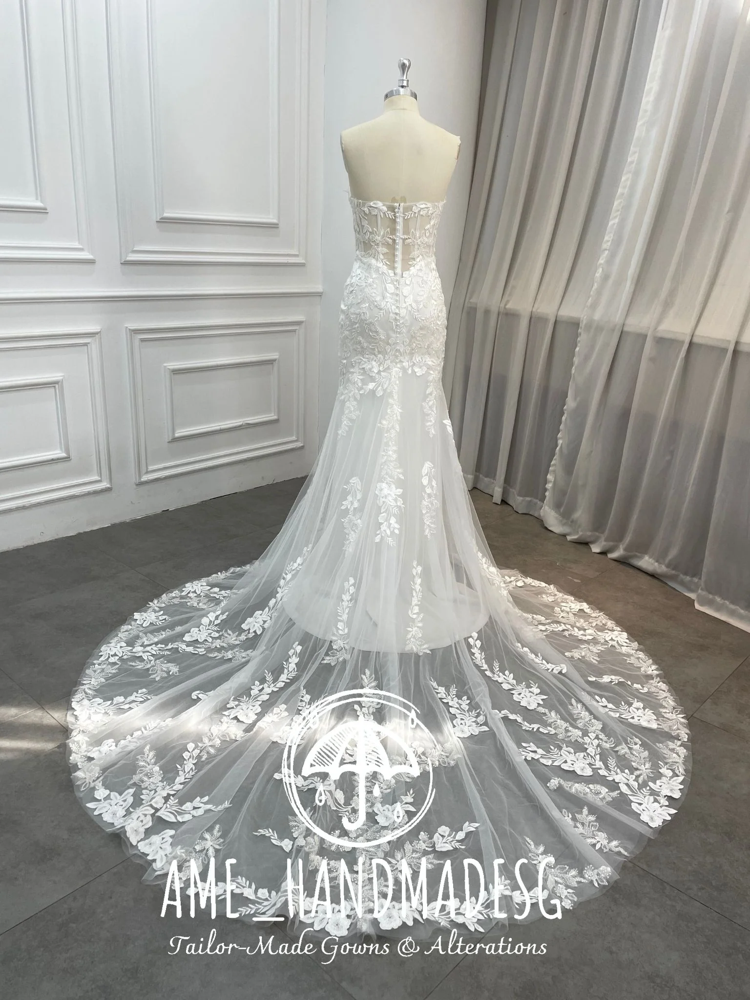Whispered Vows — Floral Lace Fit-and-Flare Wedding Gown with Illusion Train - Image 2
