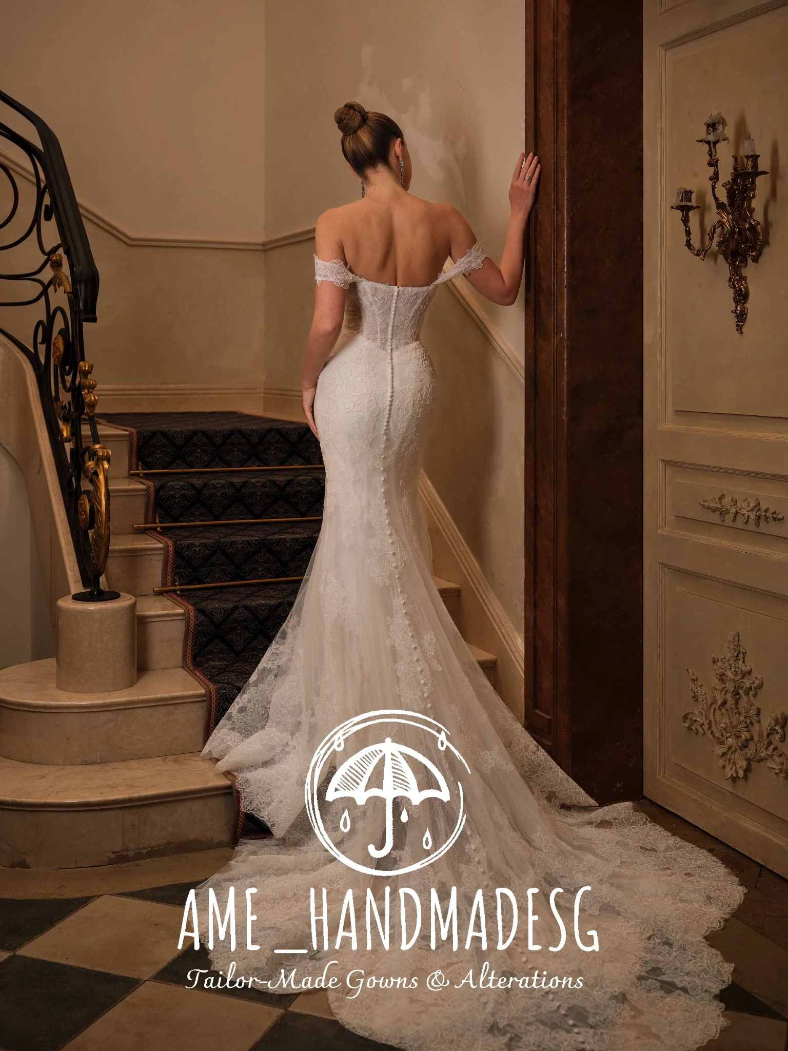 Timeless Allure — Off-Shoulder Lace Mermaid Gown with Signature Button Back - Image 2