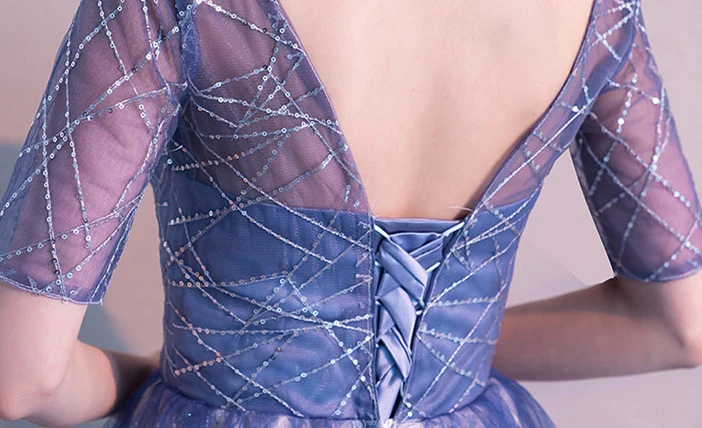 Evening Dress Gradient Blue Color Elegant Party Gowns Women A-line Floor length Short Sleeve Formal Dresses  E048 - Image 5