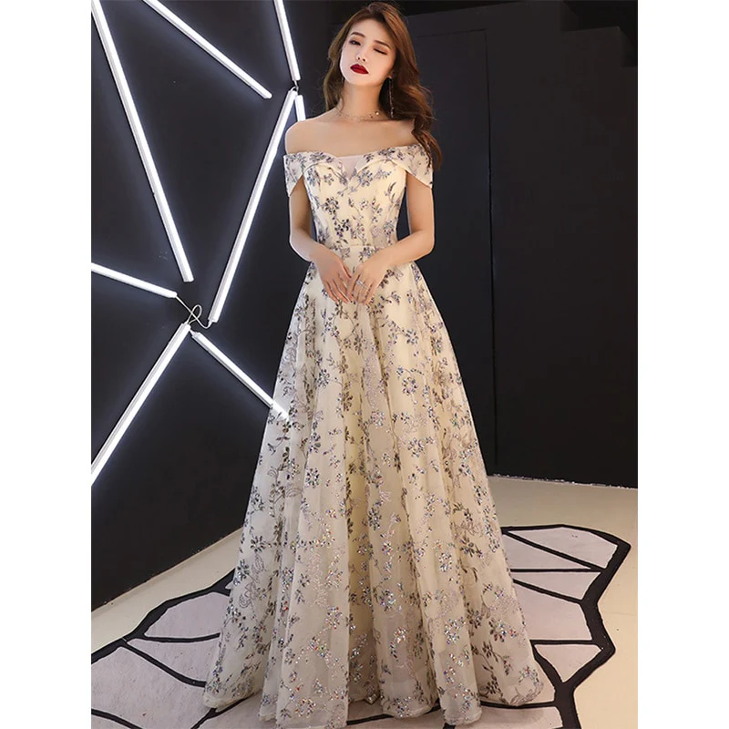 Evening Dress Short Sleeve Backless A-Line Robe De Soiree Sequin Off Shoulder Floor-Length Women Party Dresses E1119 - Image 4