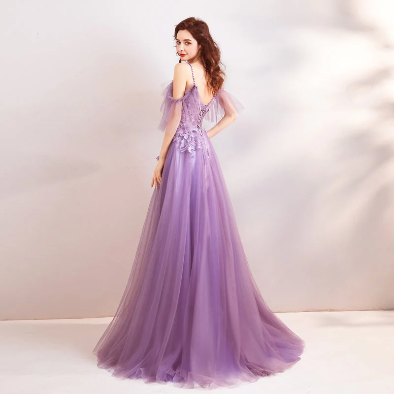 Purple Evening Dress Strapless A-line Tulle Party Evening Dresses Sex Floor-length Short Sleeves Lace up LX807 - Image 4