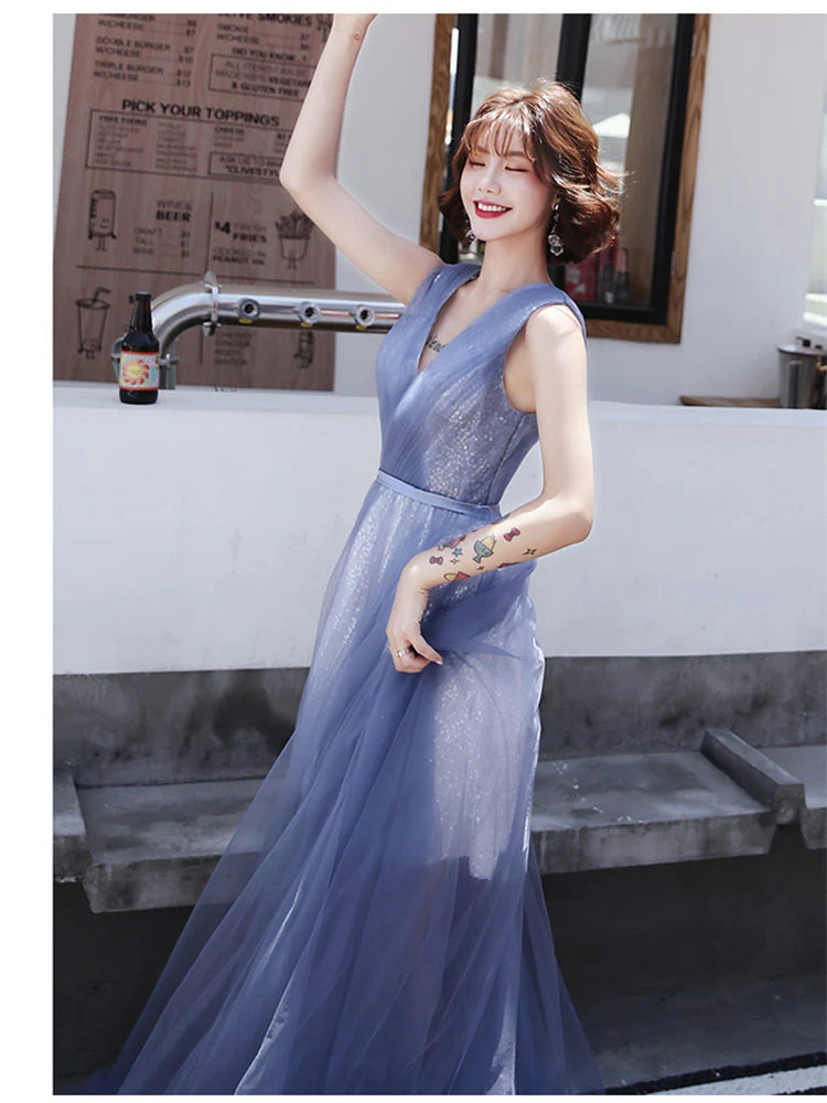 Evening Gowns Elegant Tiered V-neck Blue A-Line Robe De Soiree Sleeveles Floor-Length Women Party Dresses E861 - Image 3