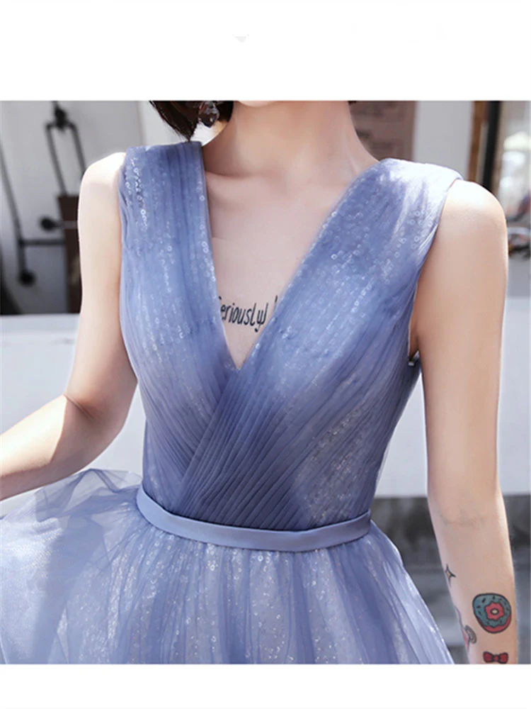 Evening Gowns Elegant Tiered V-neck Blue A-Line Robe De Soiree Sleeveles Floor-Length Women Party Dresses E861 - Image 4