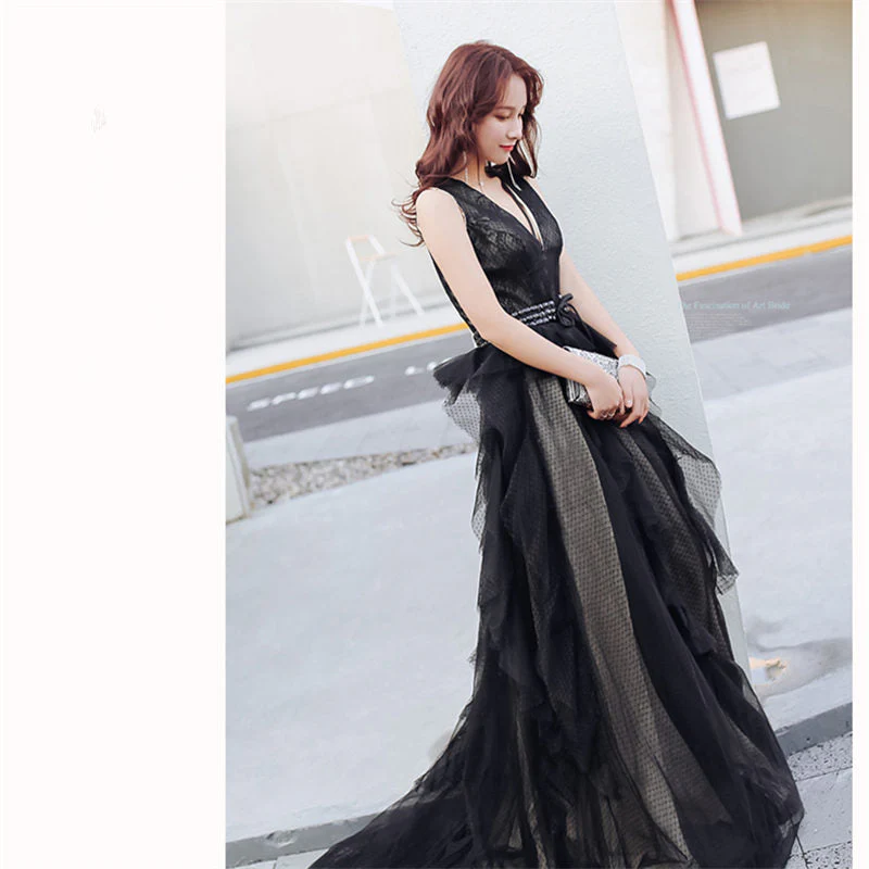 Evening Gowns Sexy V-neck Backless Black Train Robe De Soiree Formal Sleeveless A-Line Women Party Dresses E874