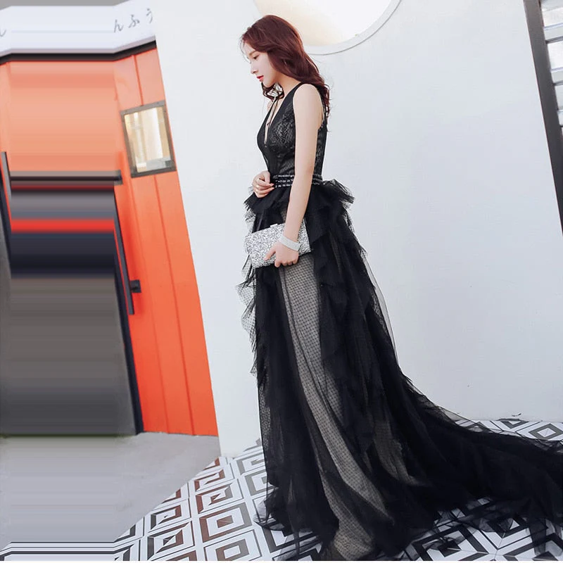 Evening Gowns Sexy V-neck Backless Black Train Robe De Soiree Formal Sleeveless A-Line Women Party Dresses E874 - Image 2