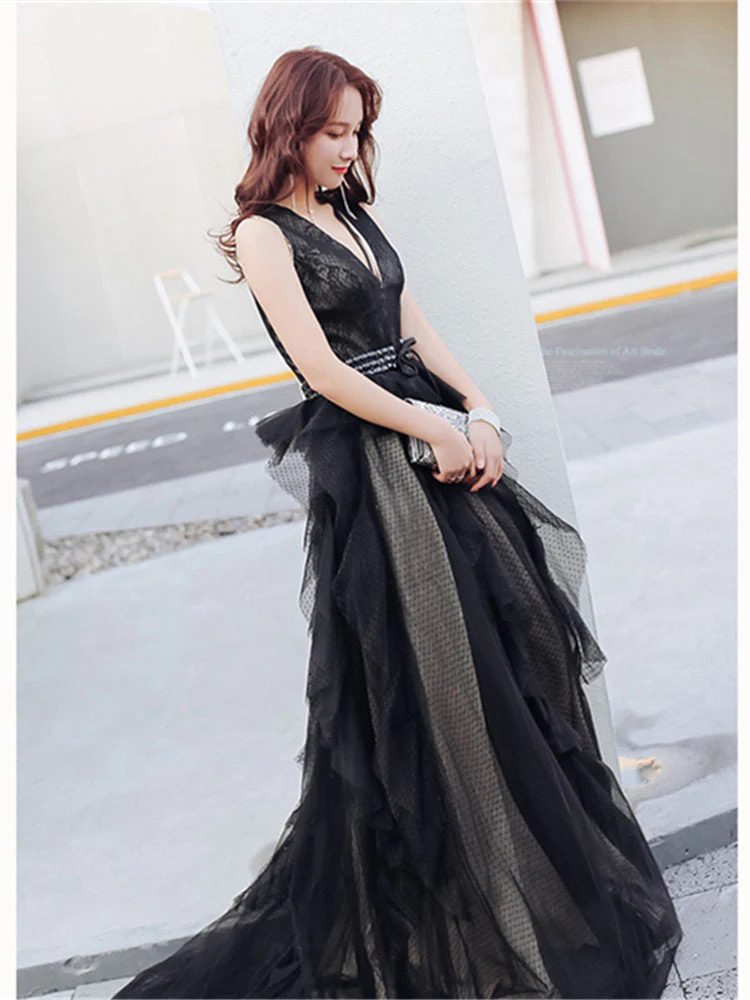 Evening Gowns Sexy V-neck Backless Black Train Robe De Soiree Formal Sleeveless A-Line Women Party Dresses E874 - Image 3
