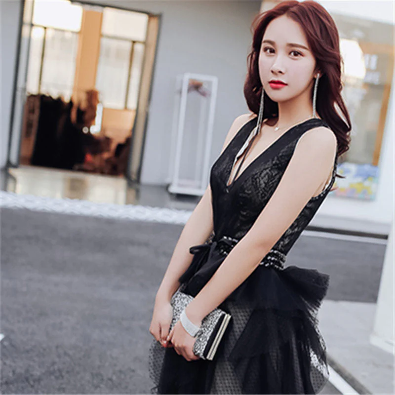 Evening Gowns Sexy V-neck Backless Black Train Robe De Soiree Formal Sleeveless A-Line Women Party Dresses E874 - Image 7