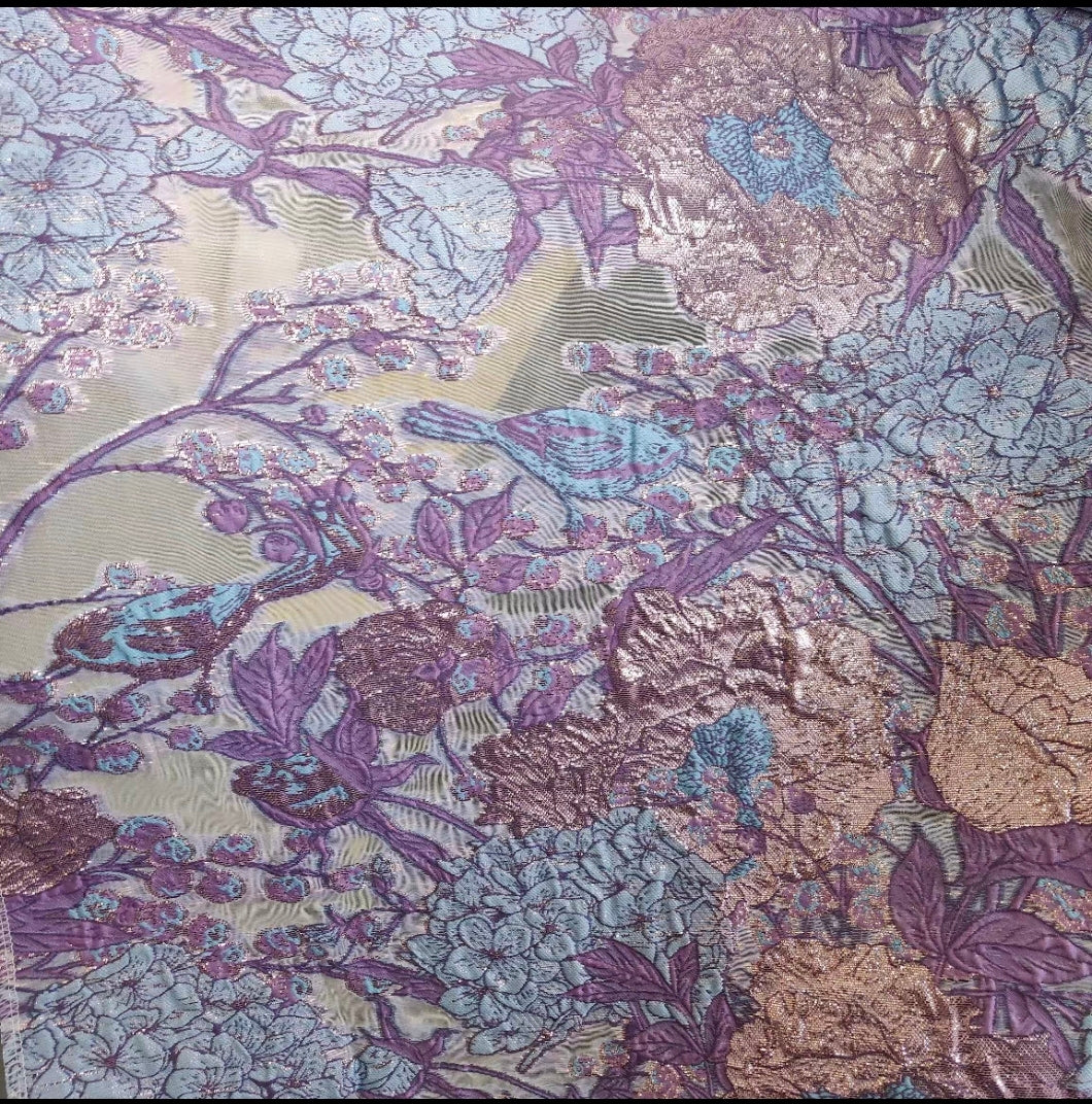 FAB-BROC-018 Summer European style flower and bird embossed gold silk organza cut flower fabric tube top dress headscarf hairband jacquard fabric thin and transparent - Image 3