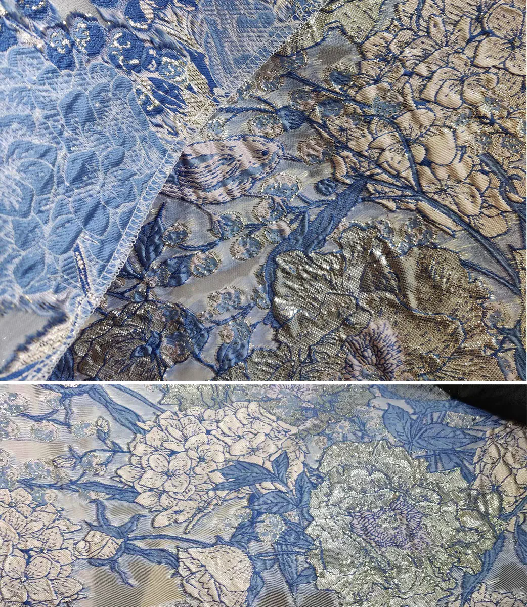 FAB-BROC-018 Summer European style flower and bird embossed gold silk organza cut flower fabric tube top dress headscarf hairband jacquard fabric thin and transparent - Image 4