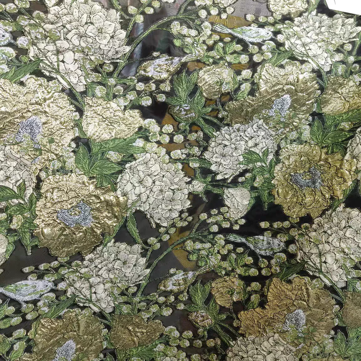 FAB-BROC-018 Summer European style flower and bird embossed gold silk organza cut flower fabric tube top dress headscarf hairband jacquard fabric thin and transparent - Image 7
