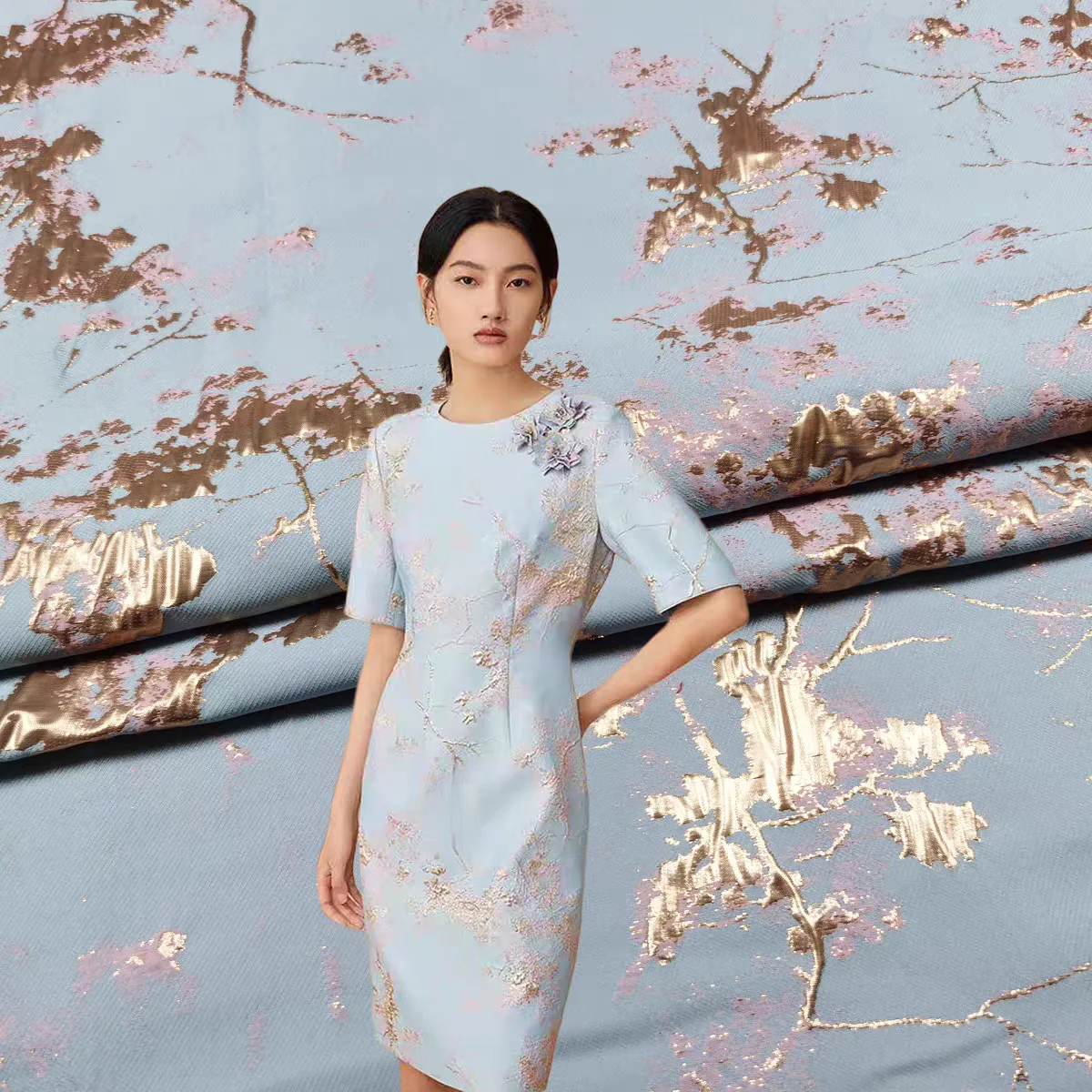 FAB-BROC-022 High-grade golden silk wax plum jacquard dress fabric summer dress brocade improved cheongsam Hanfu fabric
