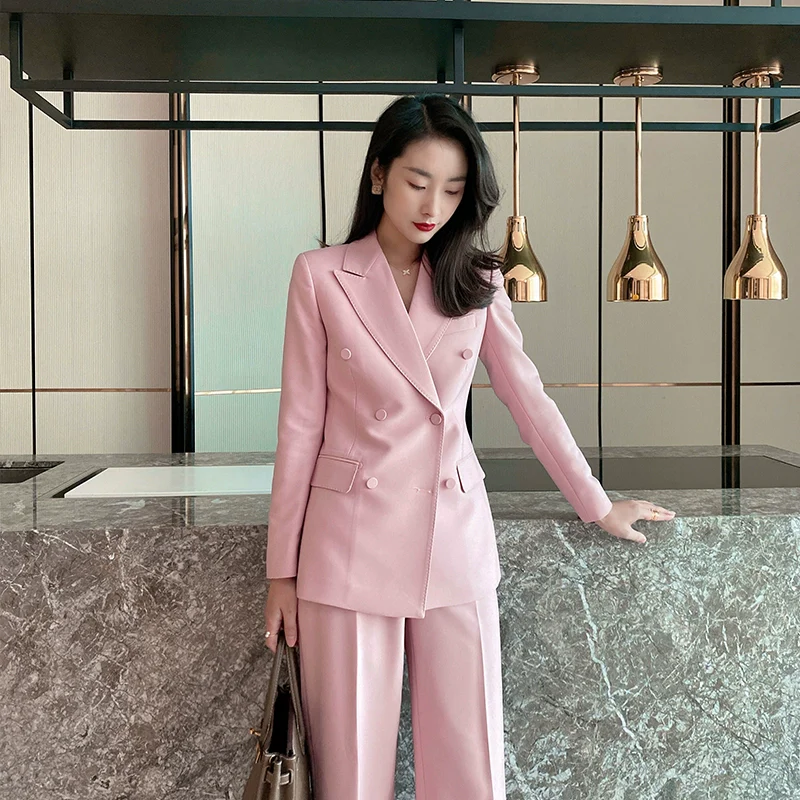 Fuchsia Classic Double-Breasted Suit with High-Waist Wide-Leg Trousers - Image 6
