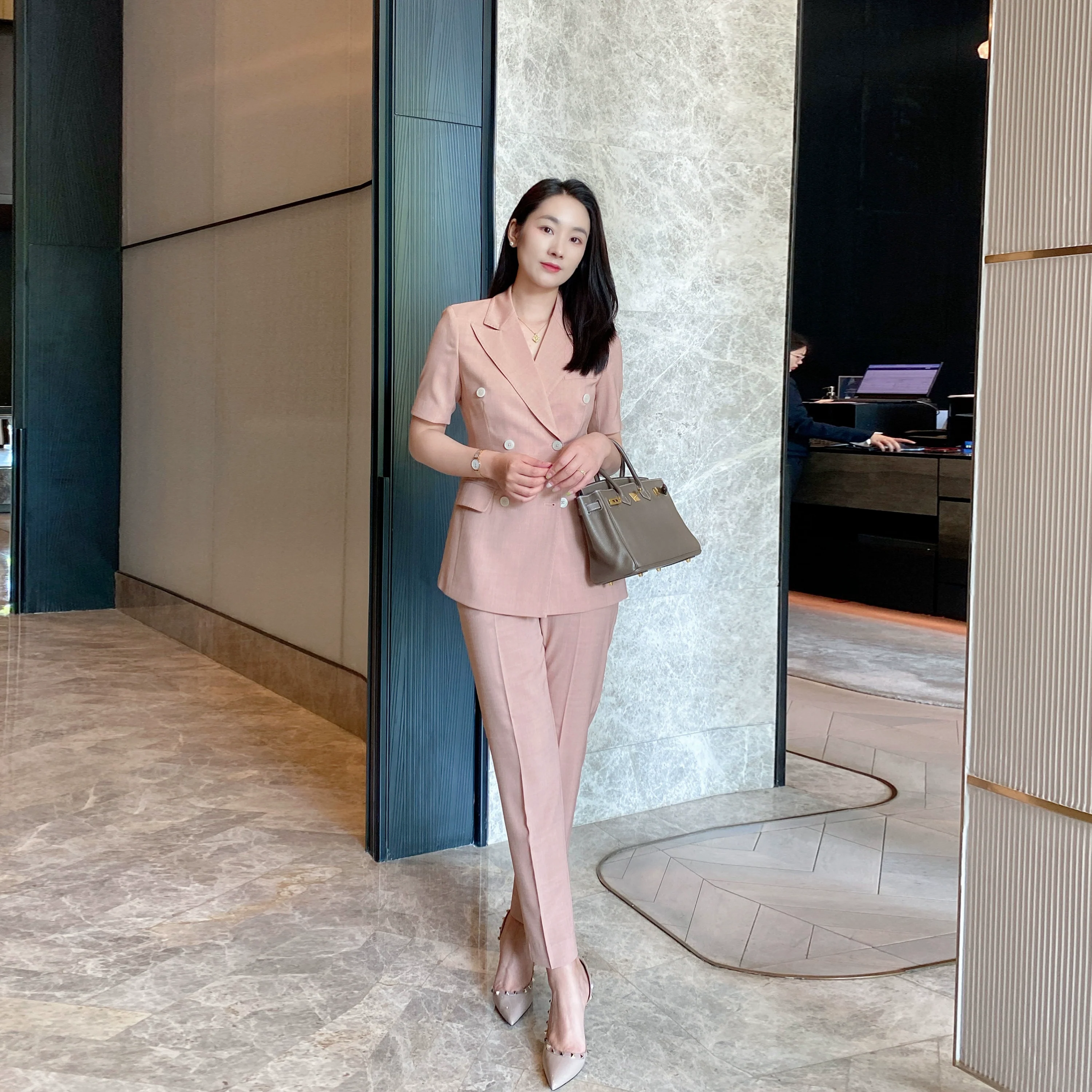 Fuchsia Summer Light Slim Suit Set with Short Sleeve - Image 5