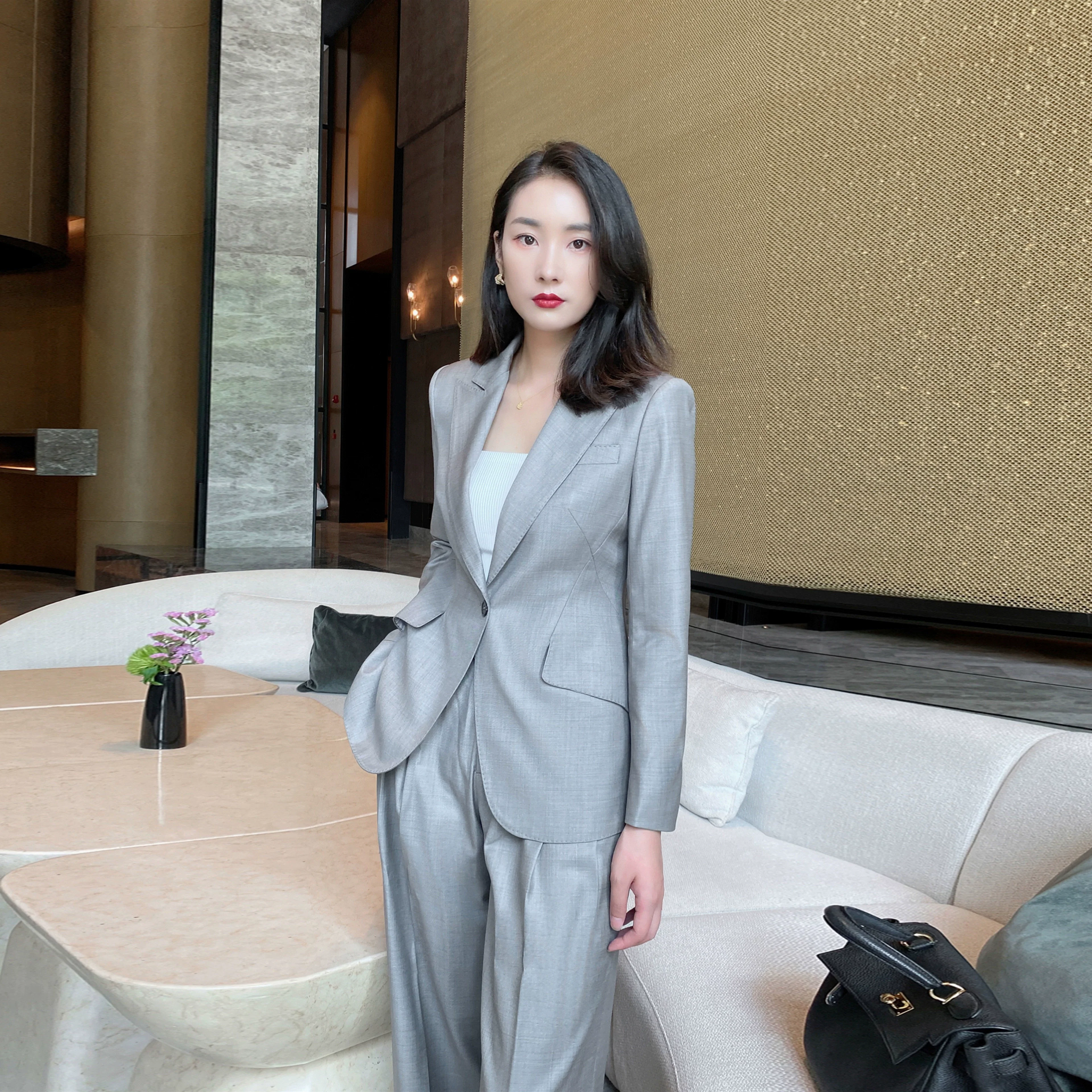 Grey Spring Autumn Unisex Classic Suit Jacket with Wide-Leg Trousers - Image 4