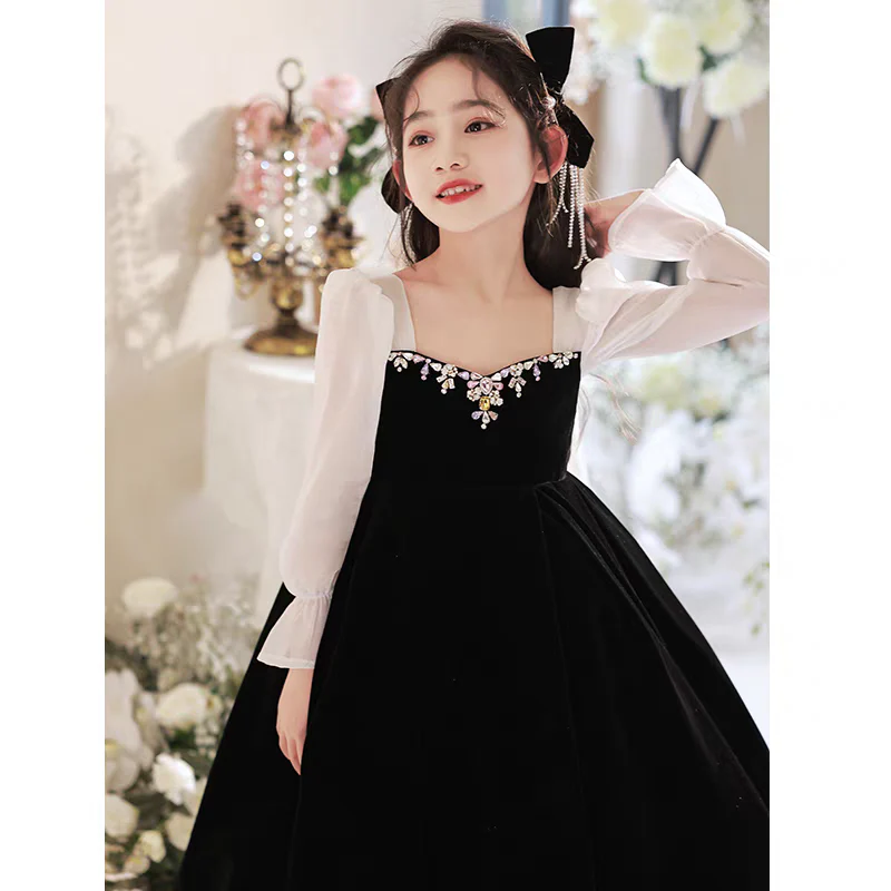 EG-SALE-AME-00143 Handmade Black Princess Dress - High-End Girls' Evening Gown for Birthday, Piano, and Special Occasions - Ame Handmadesg - Image 4