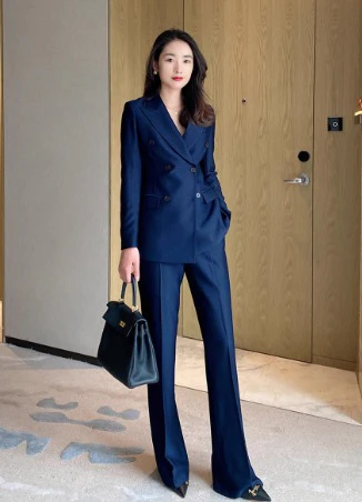 High-End Dark Navy Flared Trousers Slim Fit Business Suit - Image 3