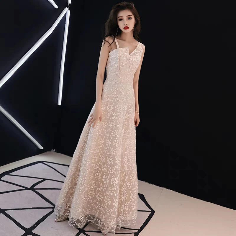 Simple Generous Champagne Long Host Temperament Banquet Party Small Evening Dress dress female - Image 3