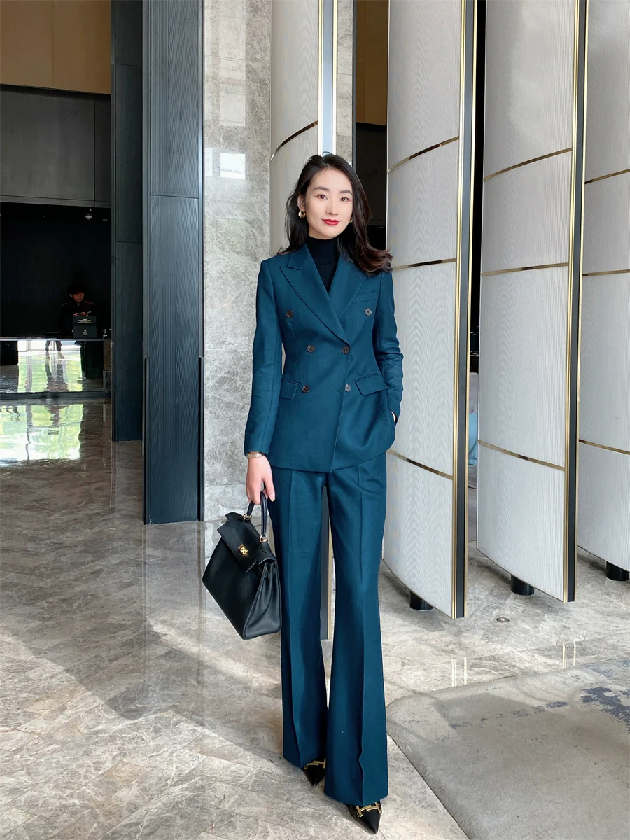 Peacock Blue Winter Classic Suit Jacket with Flared Trousers - Image 4