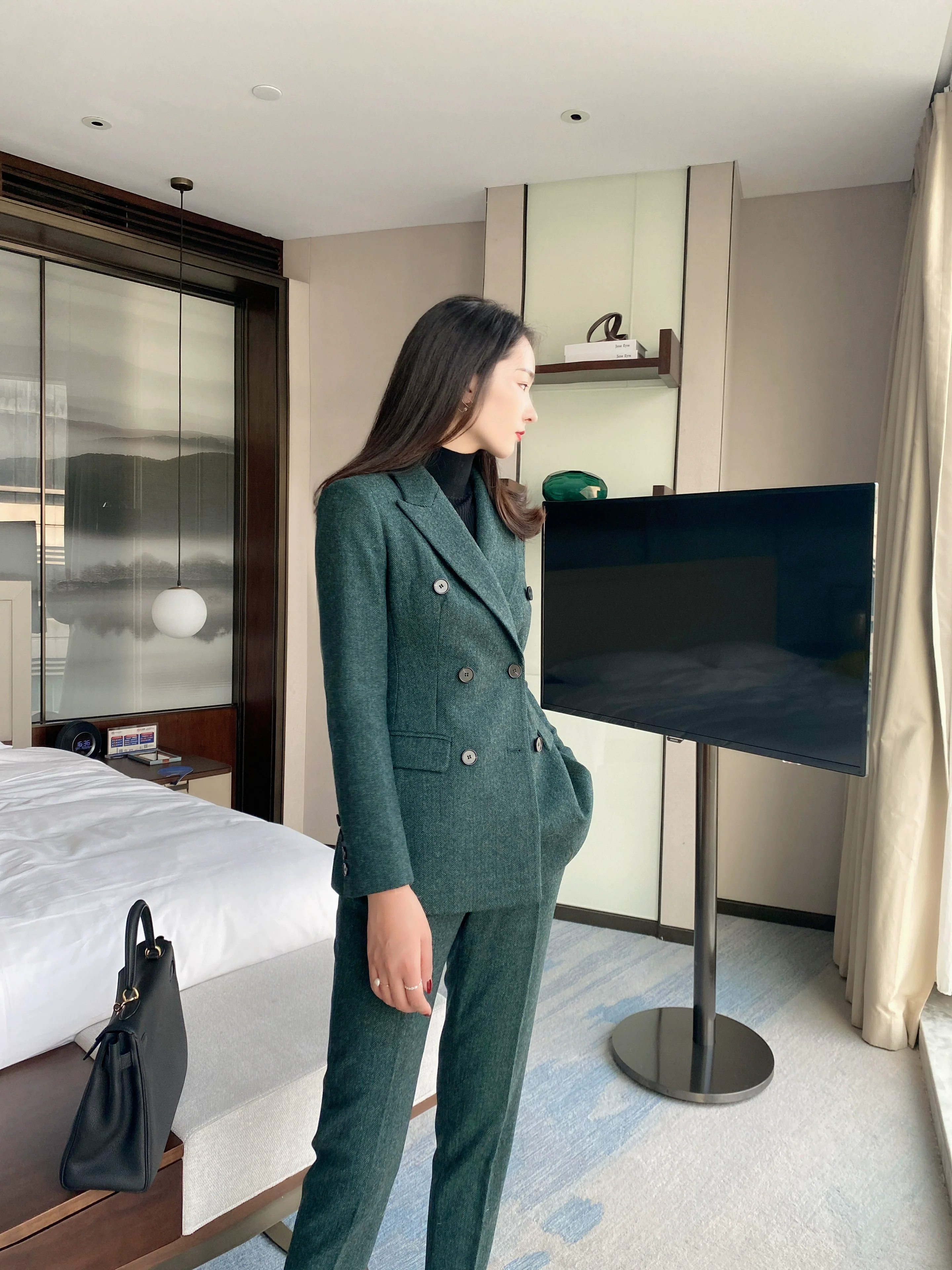 Premium Dark Green Woolen Suit Jacket & Trousers for Women - Image 5