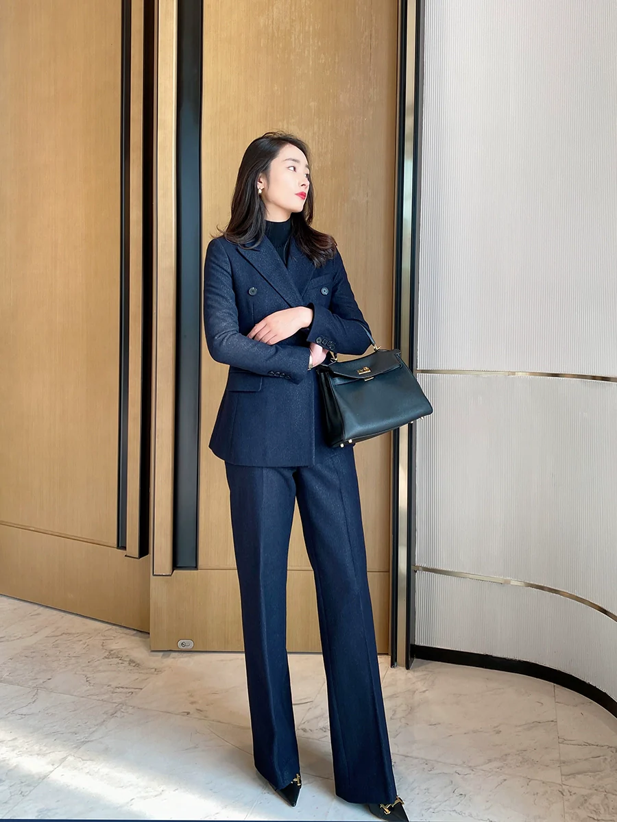 Premium Demi-Season Woolen Black Straight-Leg Trousers for Women - Image 2
