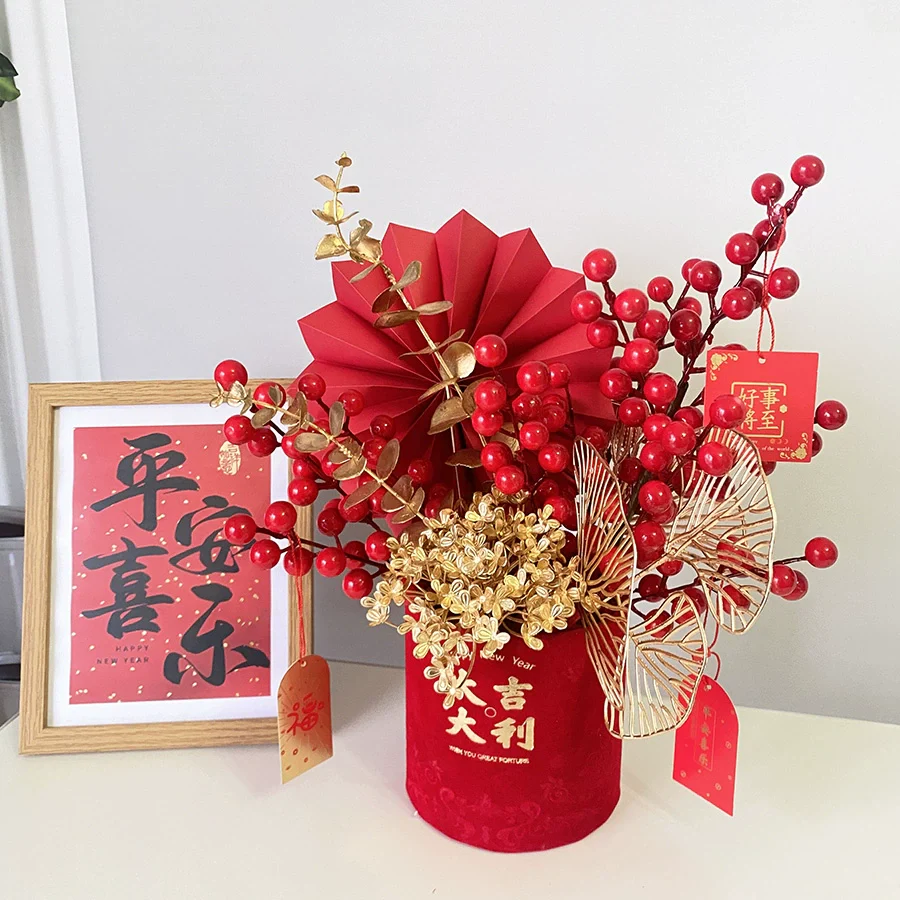 Red New Year Floral Bucket Decorative Arrangement for Home - Image 2