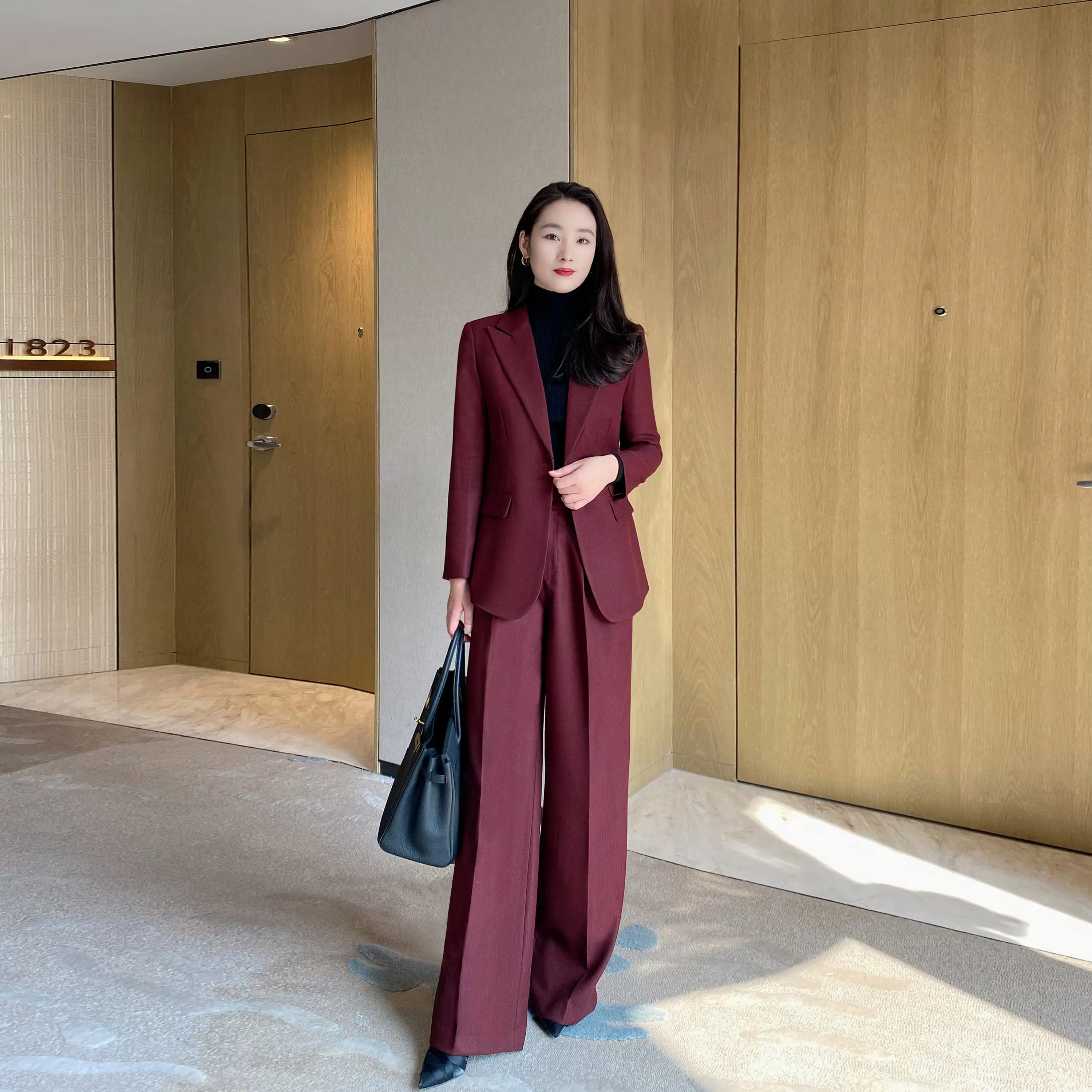 Red One-Button Wool Suit Elegant Wide-Leg Trousers for Women - Image 5