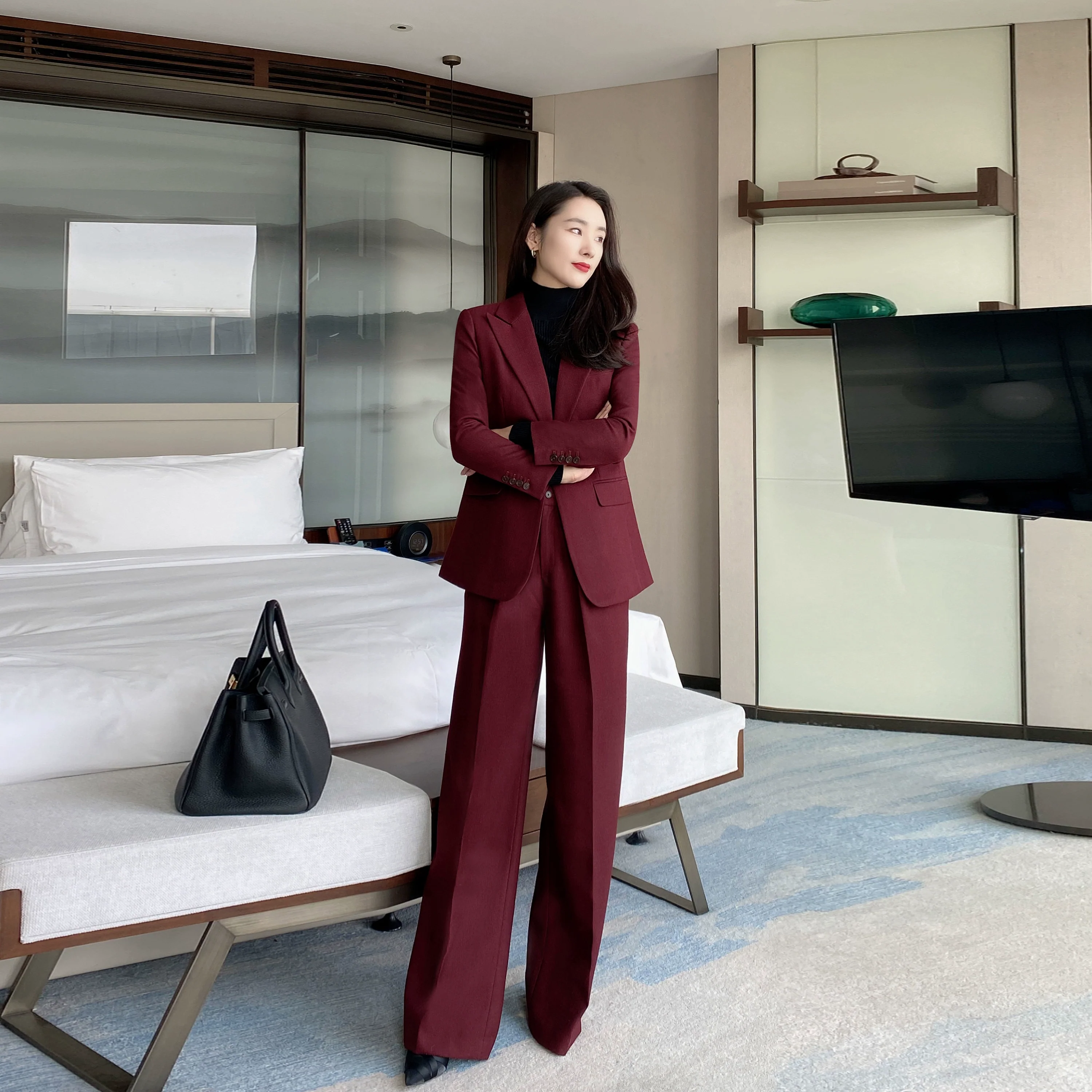 Red One-Button Wool Suit Elegant Wide-Leg Trousers for Women - Image 6