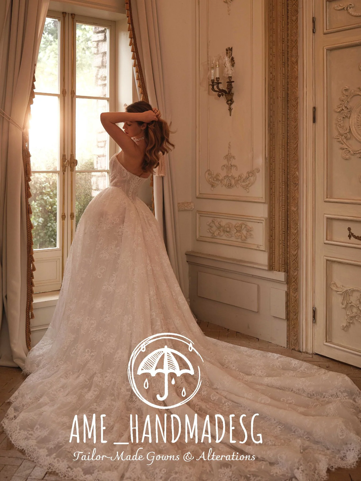 Ethereal Lumière: A Timeless Lace Ball Gown with Cathedral Train - Image 2
