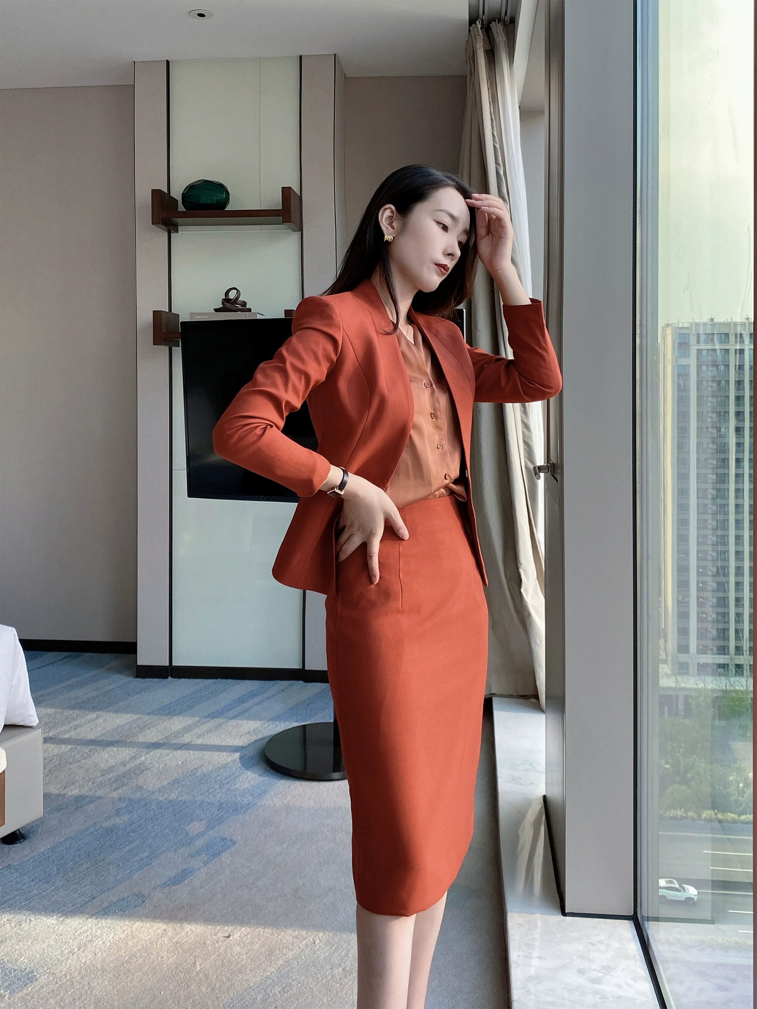 Rust Red Autumn Short Jacket & Pleated Skirt Set – Slim Fit - Image 6