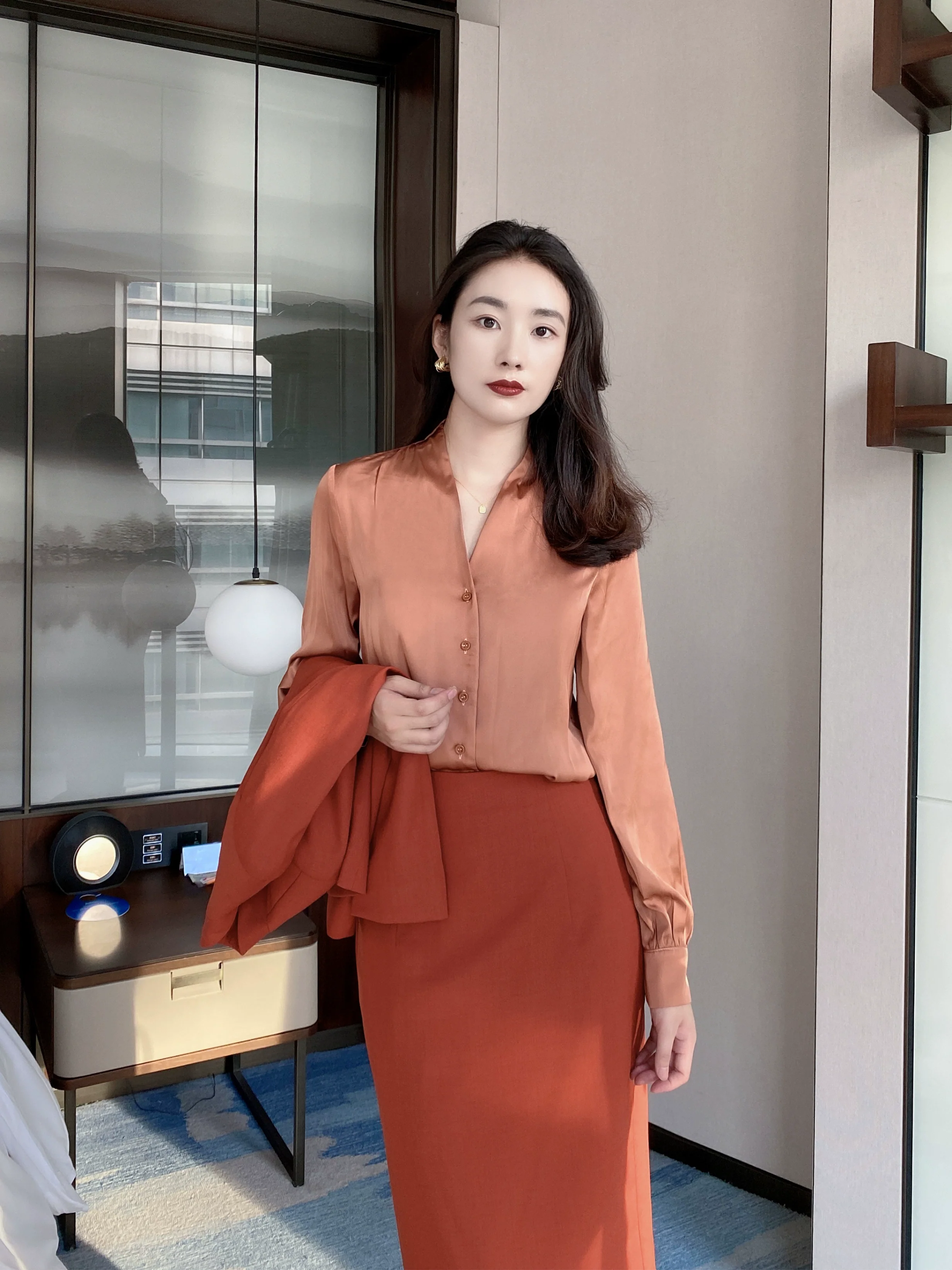 Rust Red V‑Neck Slim‑Fit Autumn Work Shirt for Women - Image 6