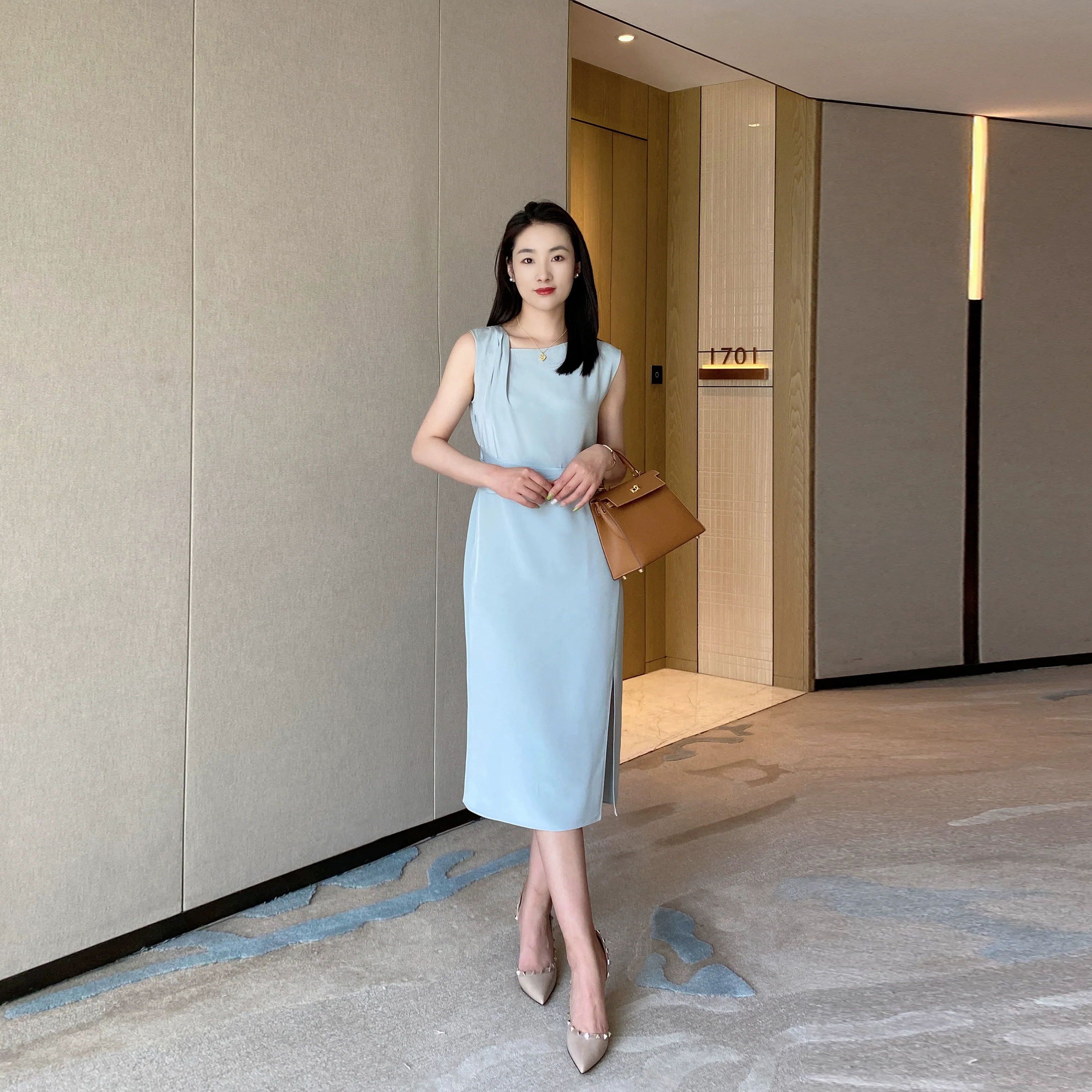 Summer Blue Elegant Sleeveless Dress High-Waist Mid-Length Skirt