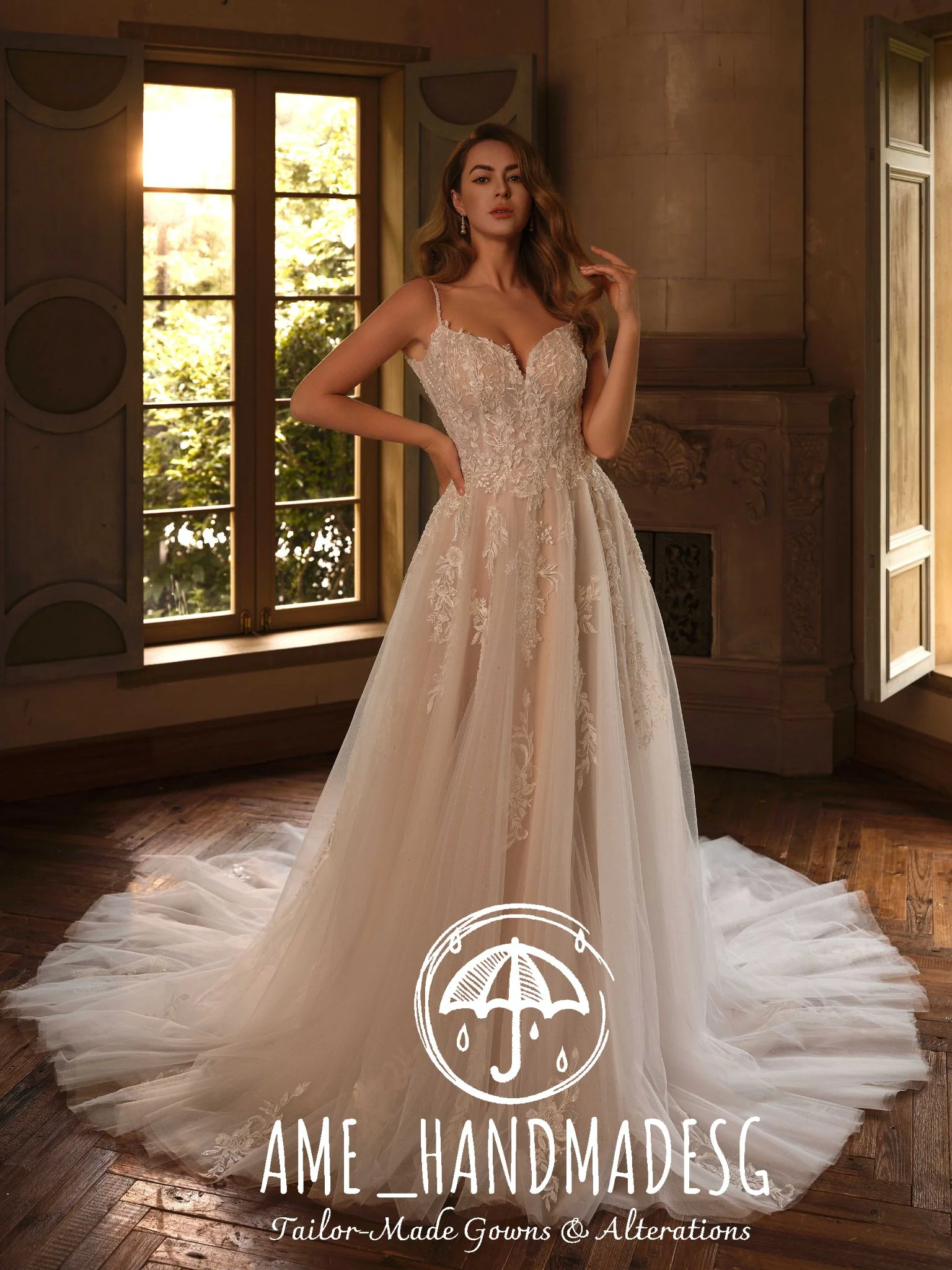 Luminous Romance – A Lace A-Line Bridal Gown with Soft Tulle Train