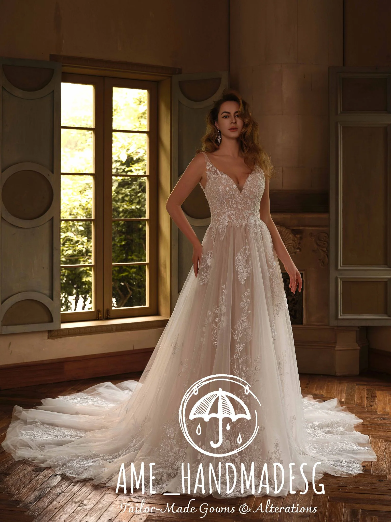 Whispering Romance – A Delicate Lace Bridal Gown with Flowing Train