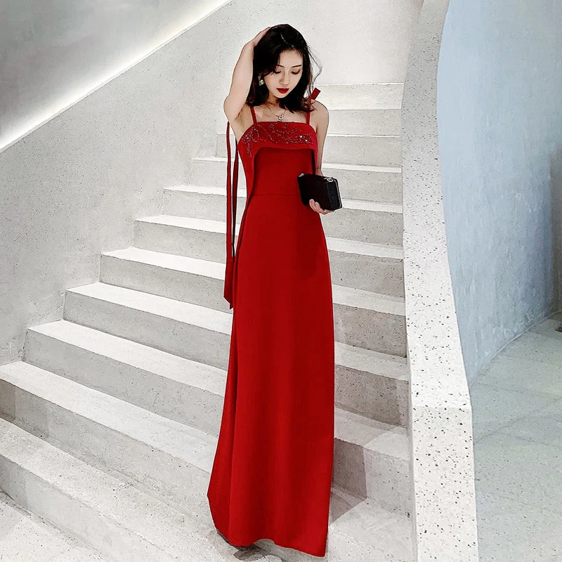 Tribute bride new long red wedding dress dress elegant sexy sling thin thank you banquet girl.