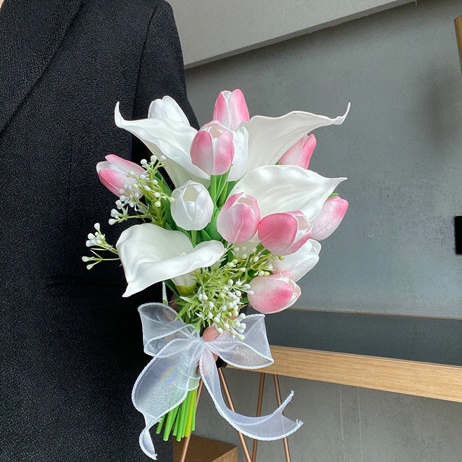 Two bunches of two-in-one simulated flowers, pink tulip calla lily, hand-held flowers, wedding certificate and graduation photo - Image 3