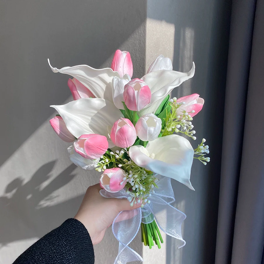 Two bunches of two-in-one simulated flowers, pink tulip calla lily, hand-held flowers, wedding certificate and graduation photo - Image 4